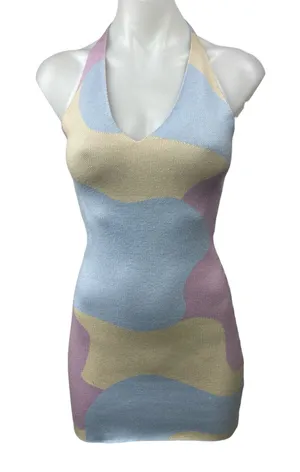 Peppermayo Multicolor Pastel Halter Sleeveless V Neck Mini Bodycon Dress Sz S/M thumbnail 1