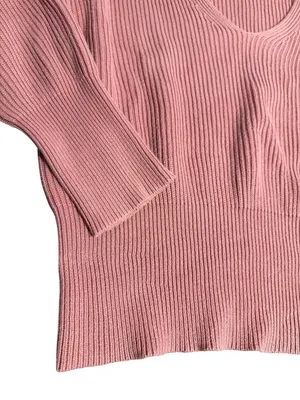 Free People Allure Plunge V Neck Sweater Ribbed Pink Cinch Waist Sleeves Sz L thumbnail 2