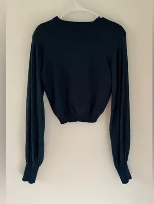 Free People Let It Shine Sweater Metallic Knit Cropped Balloon Sleeves Sz Small thumbnail 2