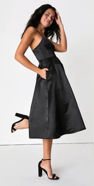 Lulus Something To Celebrate Black Satin A-Line Midi Dress With Pockets thumbnail 1