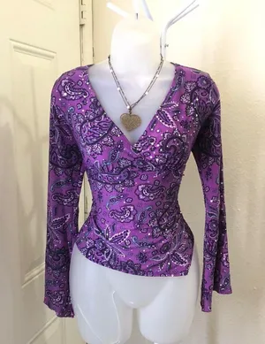 Y2K Vintage Purple paisley top shirt blouse long flare sleeves w/slit beaded rhinestone embroidery #whimsygoth #fairy #grunge thumbnail 1