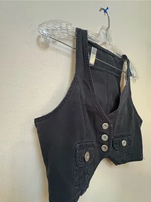 Y2K Style Washed Black Military Vest Medium Cropped Gold Button Utility thumbnail 4