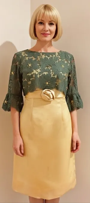 UNBRANDED Hand-Made Vintage 60s Green Lace Yellow Satin Beaded Fitted Dress XXS thumbnail 1