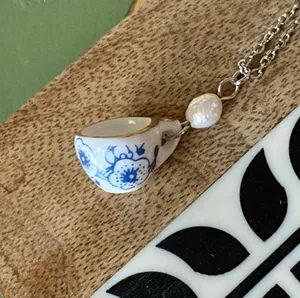 Handmade porcelain tea cup & freshwater pearl unique fun fairy antique style necklace🫖🍃🌀 thumbnail 8