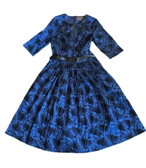 Voodoo Vixen Blue Black Bird Print Belted Fit Flare Midi Dress Medium Women's thumbnail 1
