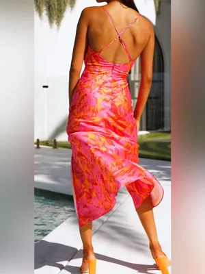 Hello Molly LOVELY CAMELLIA Pink and Orange Floral Midi Dress cutout 6 HOCO thumbnail 2