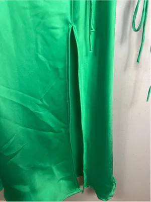 ASOS DESIGN Satin Wrap Midi Dress US 8 Green Balloon Sleeve Ruched Side Slit thumbnail 6