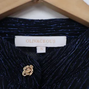 Olivaceous Navy Blue Metallic Pleated Mock Neck Blouse Rose Buttons S thumbnail 3