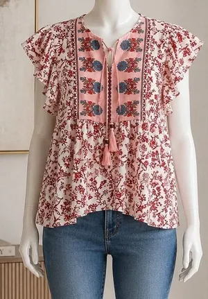 Vivilli Womens Blouse Floral Boho Tassel Tie Flutter Sleeve White Red Large thumbnail 1