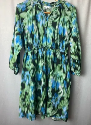 Boho Chic Ruffle Neck Mini Dress Party Green /Blue Patterned Mini Dress S thumbnail 1