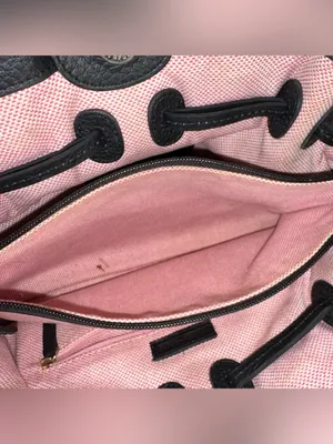 Dooney & Bourke Black Pebbled Leather Drawstring Satchel Bag Pink Gingham Lined thumbnail 6