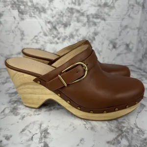 Veronica Beard Hendrix Brown Leather Platform Clogs 10.5 Wooden Block Heel Mules thumbnail 5