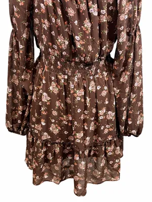 LIVE TO BE SPOILED Y2K Brown Chiffon Pink Floral Long-Sleeve Ruffled Mini Dress‎ thumbnail 8