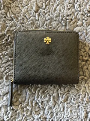 Tory Burch Black Saffiano Zip Coin Wallet with Gold Logo thumbnail 2