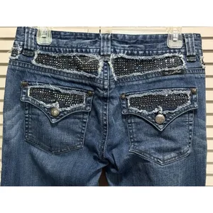 Rock & Roll Cowgirl Med Wash Bootcut Denim Jeans Low Rise Size 30x32 Rhinestones thumbnail 3
