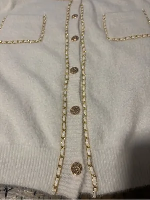 Nanette Lepore Cream Fuzzy Cardigan Sweater Gold Chain Trim‎ Tweed Vibez XL⁠ thumbnail 12