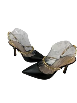 *Vince Camuto Ashna Heels Womens Size 7 Black Leather Gold Chain Slingback NWOB thumbnail 9