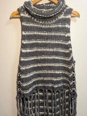 Free People Folksong Fringe Knit Vest Tunic Gray Stripe Boho Cowl Neck M thumbnail 3