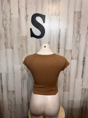 American Eagle Tan Brown Ribbed Henley Short Sleeve Crop Top Womens Small Button thumbnail 3