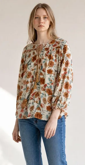 Hayden Los Angeles Floral Tassel Peasant‎ Blouse Rust Teal Boho Oversized Large thumbnail 1