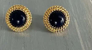Napier Vintage Clip On Screw Back Earrings Gold Tone Rope Frame Blue Cabochons thumbnail 1