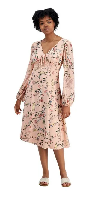 NWT Tinsel Juniors V-Neck Scallop Lace-Trim Floral print Midi Dress Pink Multi M thumbnail 1