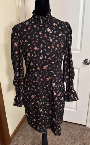 Caara Edita Black Floral Long Sleeve Sheath Dress Size Large Boho Beach Cowgirl thumbnail 1