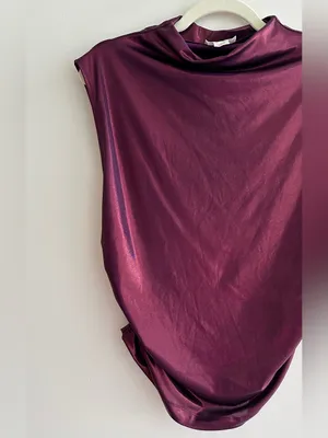 Maeve by Anthropologie Mock-Neck Ruched Shine Tank, Plum/Prune, Size Large thumbnail 4