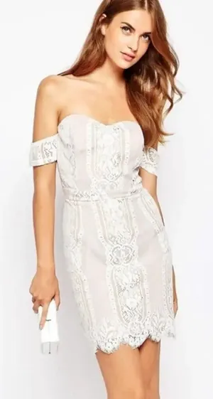 Adelyn Rae Lace Off Shoulder Dress Nude M L NWT v6x thumbnail 1