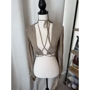 Princess Polly Cropped Top Womens 2 Beige knit Long Sleeve Boho Tie Waisted thumbnail 10