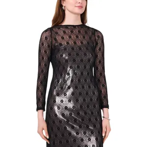 NWT Cece Womens Metallic Lace-Over Long-Sleeve Midi Dress Black XS thumbnail 2