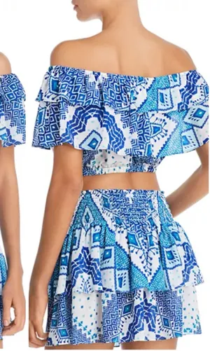 NWT RAMY Brook Milo Blue Printed Off The Shoulder Cropped Top Large Ruffle thumbnail 1