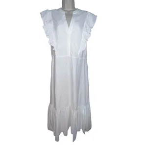 BCBGMAXAZRIA Women's Ruffle Short Sleeve Maxi Dress V Neck‎ White Large Cotton thumbnail 3