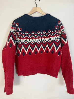 Gap Fair Isle Brushed Alpaca Wool Cardigan Sweater Medium Red Navy Blue $80 thumbnail 9