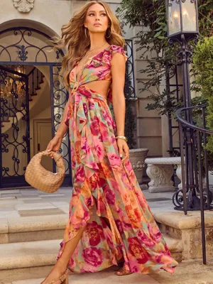 BNWT! Vici Carlita Floral Ruffle Cutout Open Back Maxi Dress Size L thumbnail 3