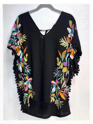 Xhilaration nwt size XL Black Tunic with Multicolor Floral Print & Pom-Pom Trim thumbnail 1