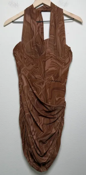 House of CB Women Clementine Mini Dress M Brown Swirl Cutout One-Shoulder Ruched thumbnail 1