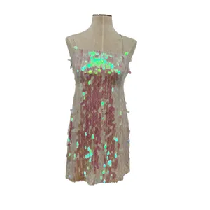 Free People Mermaid‎ Mini Dress Sequin Iridescent Cream White Pink Size 2 thumbnail 3