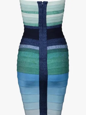 Strapless Multicolor Bandage Dress - Green & Blue Stripe thumbnail 6