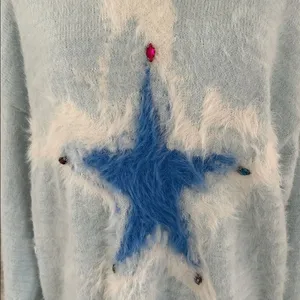 Aelfric Eden Light Blue Sweater star design Distressed hem/sleeves, Small, NWT thumbnail 3