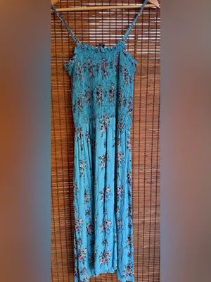 Vintage Angie Turquoise Floral Smocked Cottagecore Midi Dress M thumbnail 7