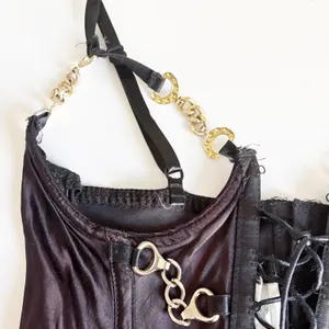 Vintage Womens Black Satin Chain Link Garter Belt Bondage Rave Goth Punk Corset thumbnail 3