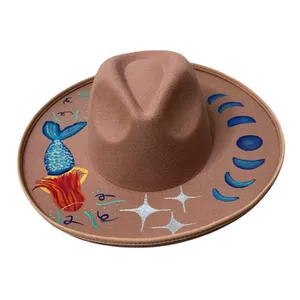 Handmade Painted Moon Mermaid Celestial Boho Rancher Western Hat Gypsy Whimsical thumbnail 2