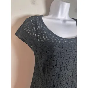 Banana Republic Black Geometric Lace Scoop‎ Neck Short Sleeve Lined Blouse XS thumbnail 3
