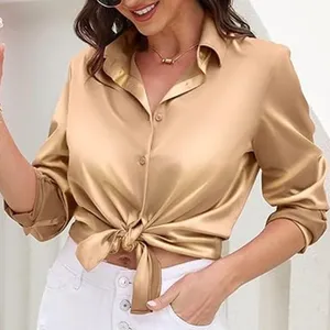 BRAND NEW ~ Champagne Satin Long Sleeve Button Up Blouse ~ Women's Size SMALL thumbnail 3