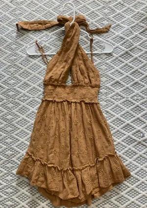 Aerie Spring Fling Cotton Smocked Crossover Halter Eyelet Mini Brown Dress XS thumbnail 1