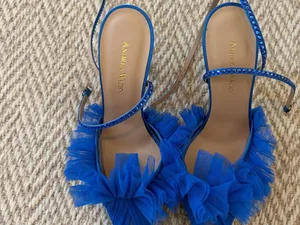 Like New! Andrea Wazen Blue Tulle Ruffle Ankle-Strap Stiletto Heels | Size 36.5 thumbnail 3