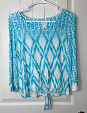 NWOT Chico’s women’s blue white dyed pattern tie 3/4‎ sleeve stretch top small thumbnail 1