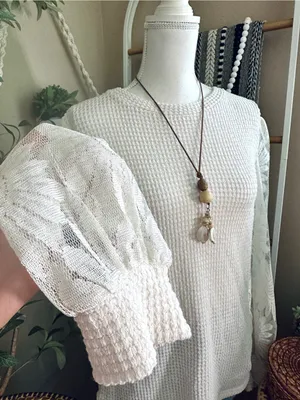 Boutique Sunflower Lace Sleeve Waffle Knit Bubble Sleeve Top M thumbnail 6