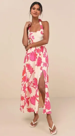 LULU’S Layton Pink And Cream Floral Halter Maxi Dress thumbnail 5